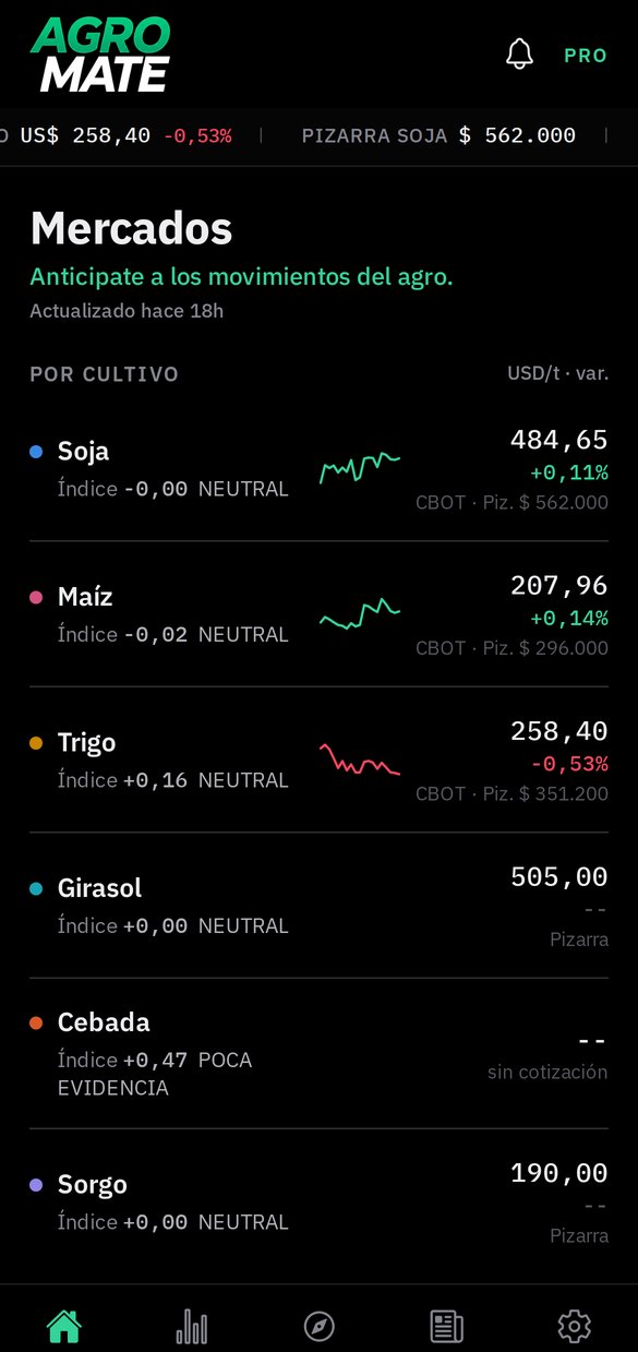 Pantalla de inicio de la app de AgroMate con precios por cultivo